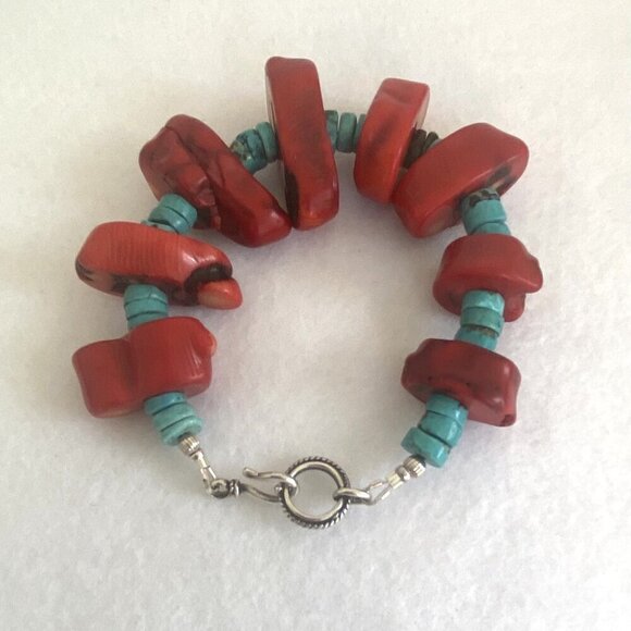 VTG Southwest Chunky Red Coral & Heishi Turquoise Beaded Bracelet Fits 7" Wrist - Picture 13 of 16